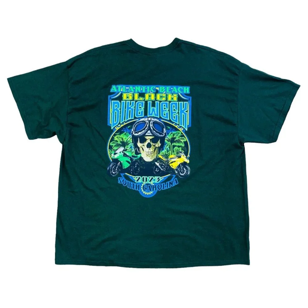 Black Bike‎ Fest 2023 T-Shirt XL Atlantic Beach SC Green Skeleton Goggles NWOT - Picture 7 of 7